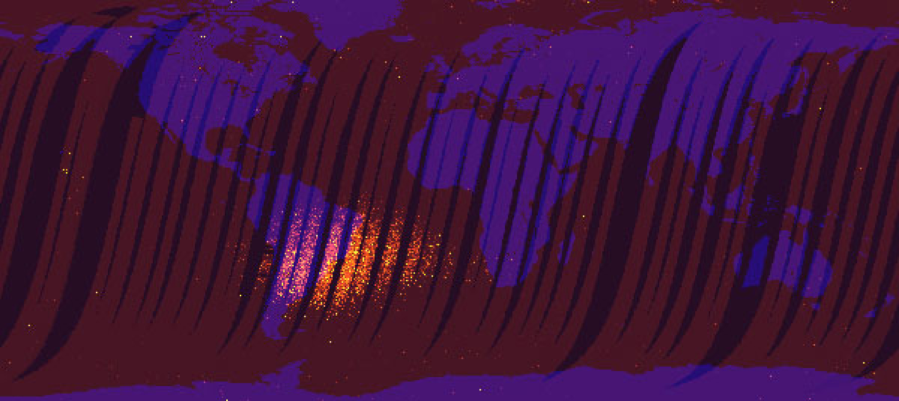 Mapa, która powstała z obserwacji instrumentu MISR, wykonanych w czasie, gdy optyka sensora była zakryta. Teoretycznie detektory MISR nie powinny były widzieć nic (poza własnym „szumem”). Tymczasem... nakreśliły piękny obraz zasięgu anomalii południowoatlantyckiej. Rys. NASA/JPL