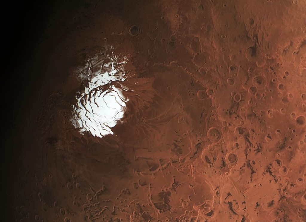 Okolice bieguna południowego Marsa i południowa czapa polarna Czerwonej Planety. Fot. ESA