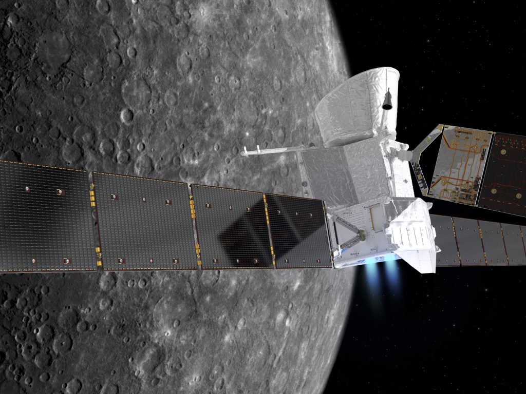 Wizja artystyczna sond misji BepiColombo w chwili ich dotarcia w okolice planety Merkury. Rys. ESA.