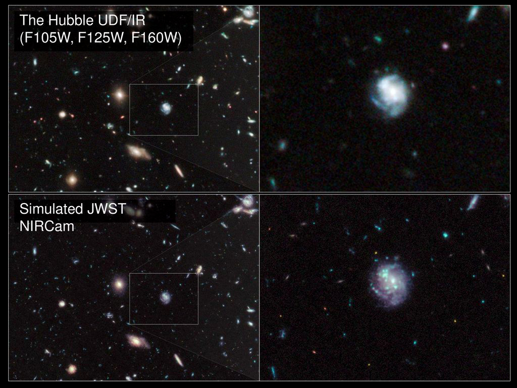 Symulacja szczegółowości obrazu Kosmicznego Teleskopu im. Jamesa Webba (dolan grafika), w porównaniu z obserwacją z Kosmicznego Teleskopu im. Hubble’a (górna grafika). W symulacji użyto informacji uzyskanej w tym samym zakresie spektralnym, około 1100-1600 nanometrów, wspólnym dla starego i nowego kosmicznego teleskopu. Rys. STScI