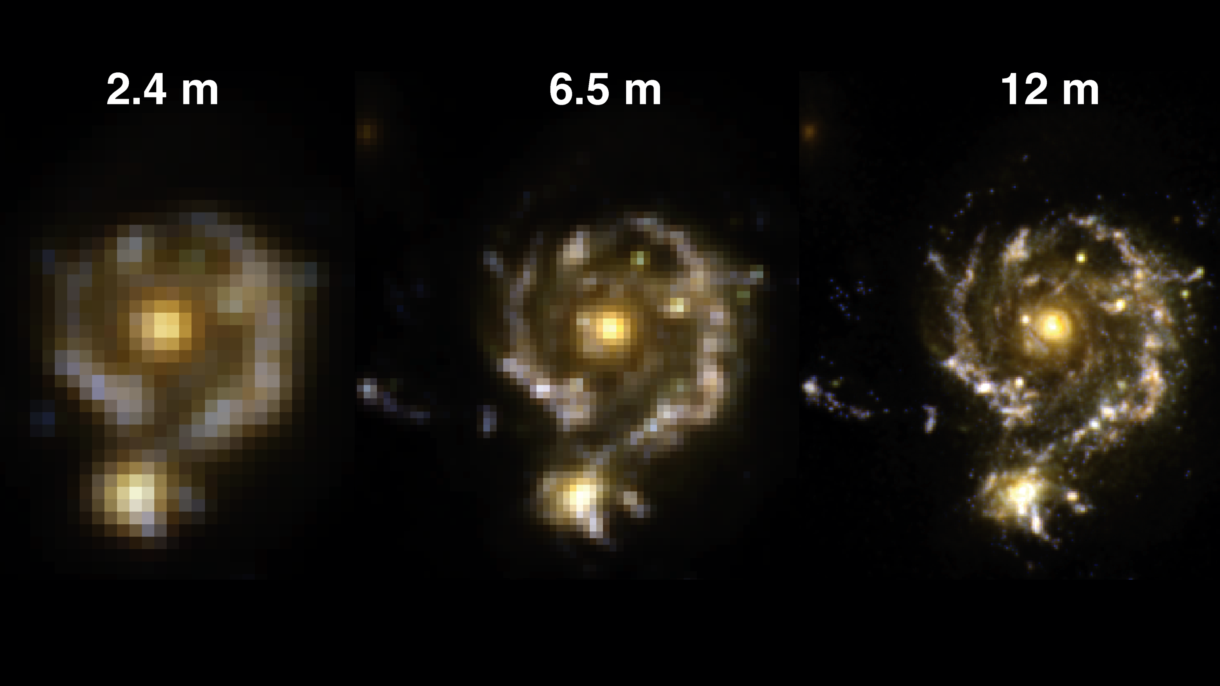 Jak zmienia się szczegółowość obrazu odległej galaktyki, gdy zwierciadło teleskopu „rośnie” z 2,4 m (teleskop im. Hubble’a) do 6,5 metra (teleskop im. Jamesa Webba)? Odpowiedź kryje się w dwóch pierwszych obrazkach. Obrazek po prawej stronie to symulacja dla hipotetycznego teleskopu, który dysponowałby zwierciadłem o średnicy 12 metrów. Rys. twitter.com/HubbleTelescope.