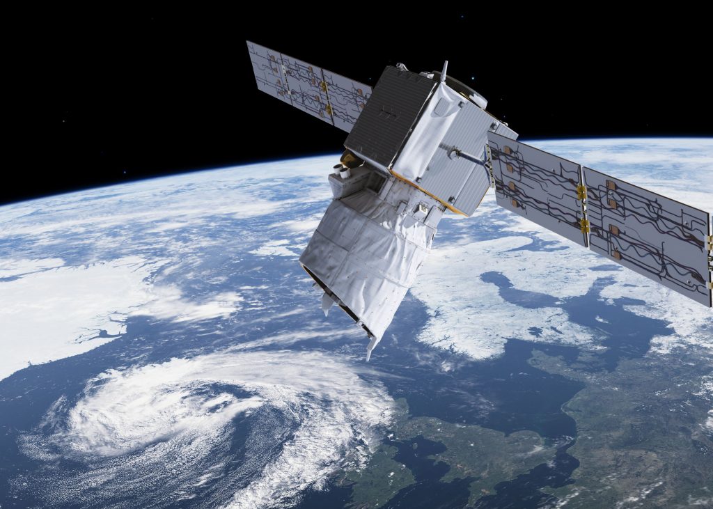 Satelita Aeolus z lidarem ALADIN na orbicie. Rys. ESA