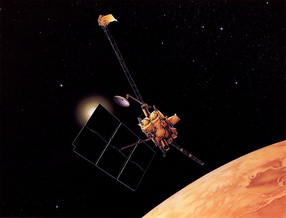 Sonda Mars Observer oczyma wyobraźni grafika NASA. Podłużny złoty cylinder w dolnej części sondy to teleskop szerokokątnej kamery MOC. Rys. NASA