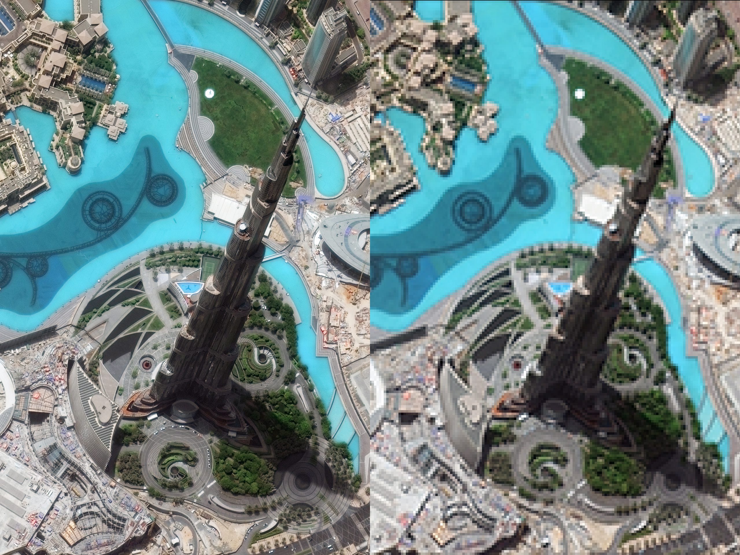 Wieżowiec Burdż Chalifa w Dubaju - po lewej w rozdzielczości około 1 m/piksel, po prawej - w 100 razy mniejszej (10 m/piksel). Fot. DigitalGlobe