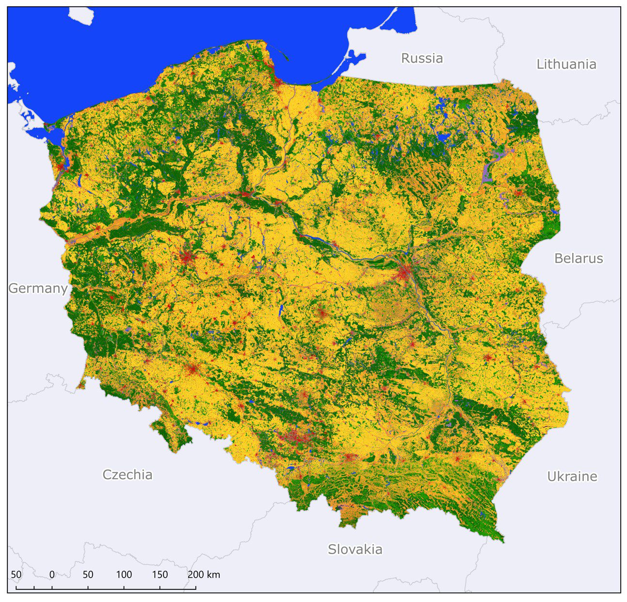 Mapa pokrycia terenu w Polsce opracowana w ramach projektu S2GLC. Rys. CBK PAN