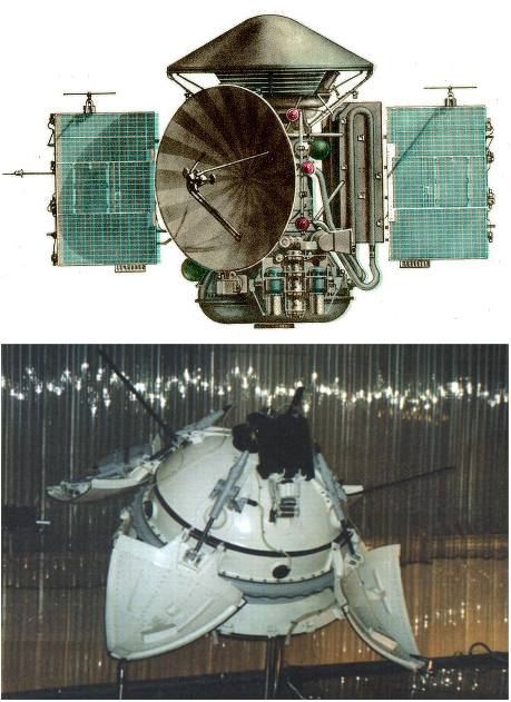 Sonda Mars-3. Na górze: orbiter wraz z lądownikiem (ukrytym w stożkowej osłonie w górnej części sondy). Na dole: orbiter w konfiguracji, w jakiej miał pracować na powierzchni planety. Systemy do obrazowania zainstalowane były w górnej części lądownika. Rys. Wikipedia.
