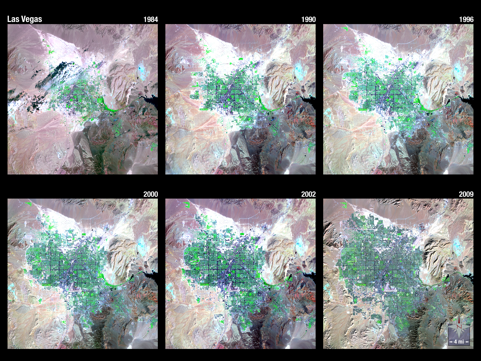 Rozwój Las Vegas między 1984 i 2009 rokiem, obserwowany przez satelity serii Landsat. Fot. USGS