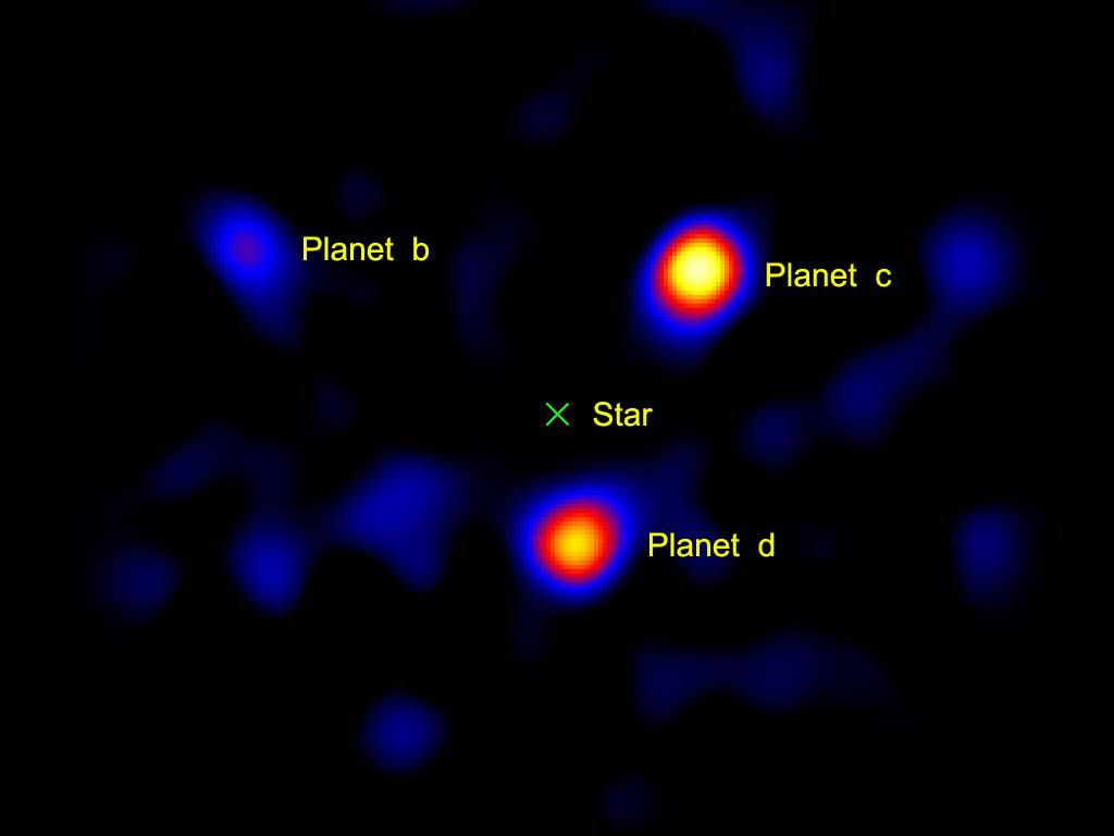 Układ planetarny wokół gwiazdy HR 8799. Składniki b, c, d to trzy z czterech znanych planet w tym układzie. Są gazowymi olbrzymami o masie od 5 do 7 mas Jowisza (od 4 do 10, biorąc poprawkę na niepewność szacunków) i promieniu około 1,2 promienia Jowisza. Od HR 8799 dzieli je dystans 24 (planeta d), 38 (c) i 68 jednostek astronomicznych. Niewidoczny na grafice jest składnik e, krążący wokół HR 8799 w odległości 15 jednostek astronomicznych. Rys. JPL