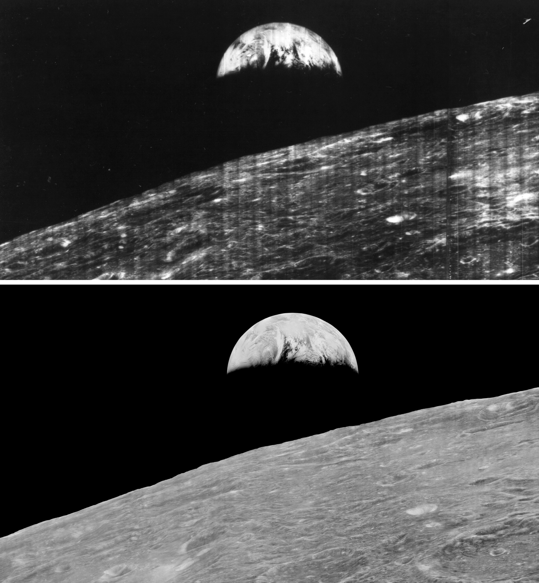 Porównanie obrazu z lat 60. (góra) i obrazu odtworzonego z taśm magnetycznych w roku 2008 (dół). Tak - w obydwu przypadkach dane źródłowe były te same. Postęp techniczny robi różnicę! Fot. NASA