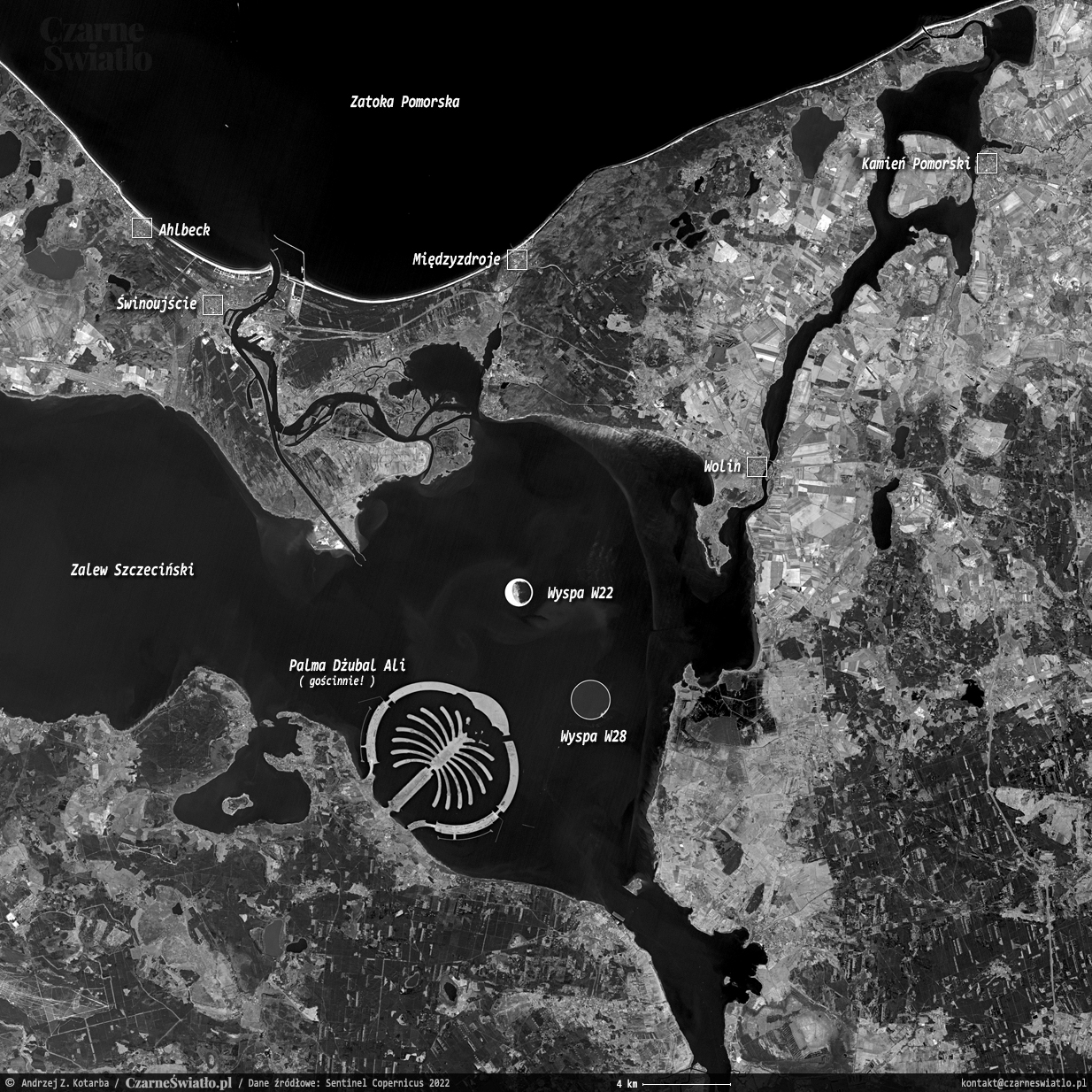 Sztuczne wyspy Brysna (W22) i Śmięcka (W28) w porównaniu z palmami Zatoki Perskiej (gdyby ta zagościła na Zalewie Szczecińskim). Fotomontaż obserwacji z satelity Sentinel-2. Dane źródłowe: Copernicus Sentinel 2022. Copyright: A.Z. Kotarba