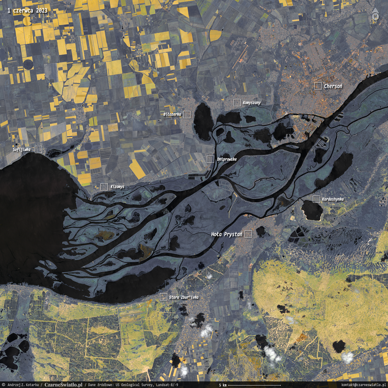 Powódź na Dnieprze spowodowana wysadzeniem przez Rosjan zapory w Nowej Kachowce na Zbiorniku Kachowskim 6 czerwca 2023 roku, obserwacja satelitarna satelitów serii Landsat. Andrzej Kotarba