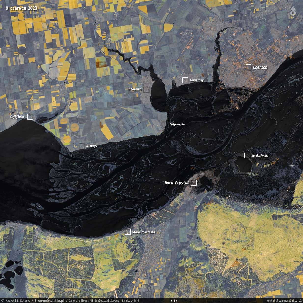 Powódź na Dnieprze spowodowana wysadzeniem przez Rosjan zapory w Nowej Kachowce na Zbiorniku Kachowskim 6 czerwca 2023 roku, obserwacja satelitarna satelitów serii Landsat.