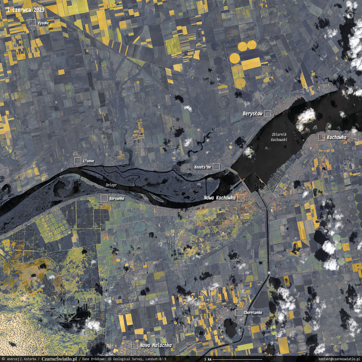 Powódź na Dnieprze spowodowana wysadzeniem przez Rosjan zapory w Nowej Kachowce na Zbiorniku Kachowskim 6 czerwca 2023 roku, obserwacja satelitarna satelitów serii Landsat. Andrzej Kotarba